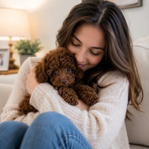 Women cuddles, a hypoallergenic black toy poodle puppy