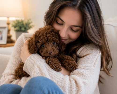 Women cuddles, a hypoallergenic black toy poodle puppy