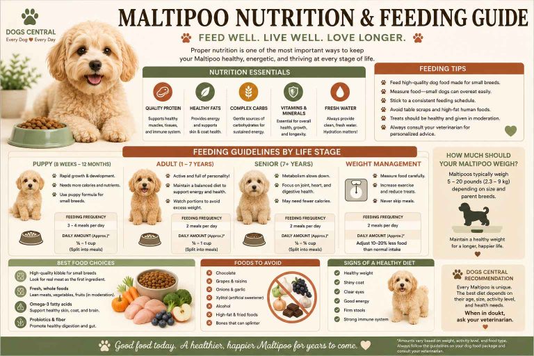Maltipoo nutrition and feeding infographic covering puppy, adult and senior feeding, portion sizes, healthy treats and essential nutrients