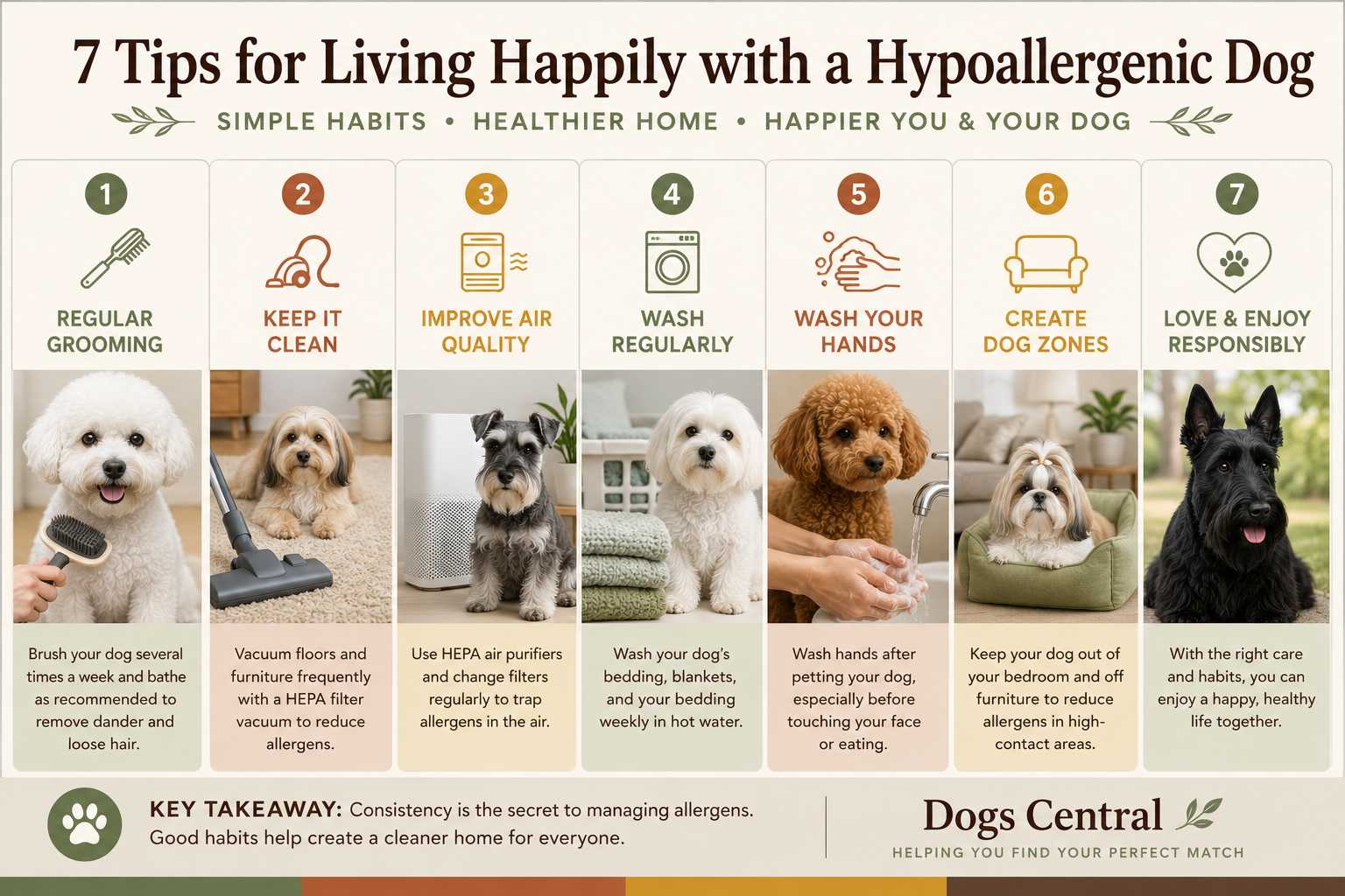Seven tips for living happily with a small hypoallergenic dog breed infographic