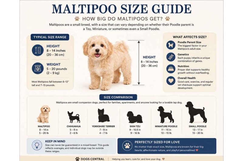 Maltipoo size guide infographic showing average height, weight, growth expectations and size comparison
