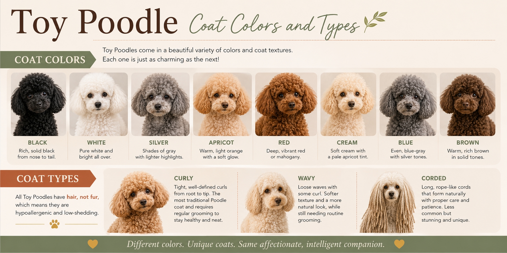 Toy Poodle coat colors and types infographic