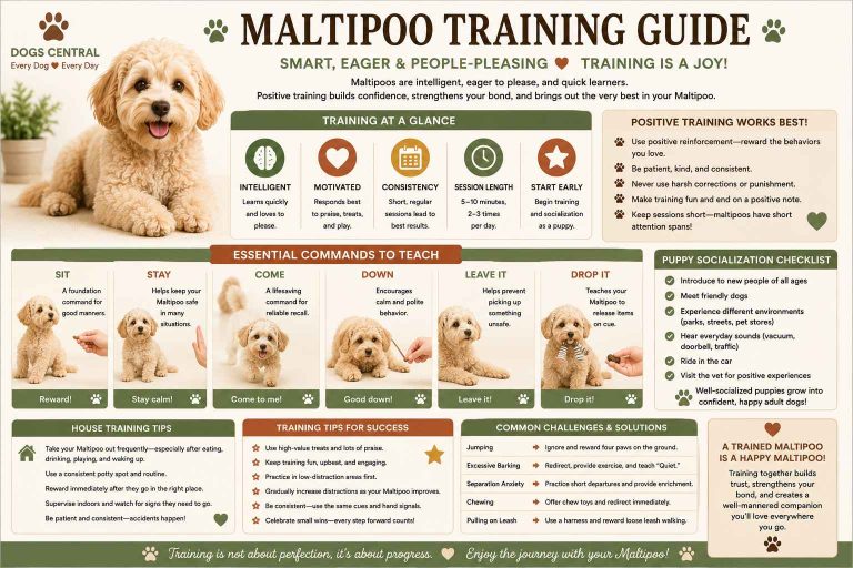 Training Your Maltipoo infographic covering positive reinforcement, house training, socialization, obedience and common training tips