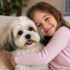 A little girl snuggles up with her Shichon teddy bear dog.