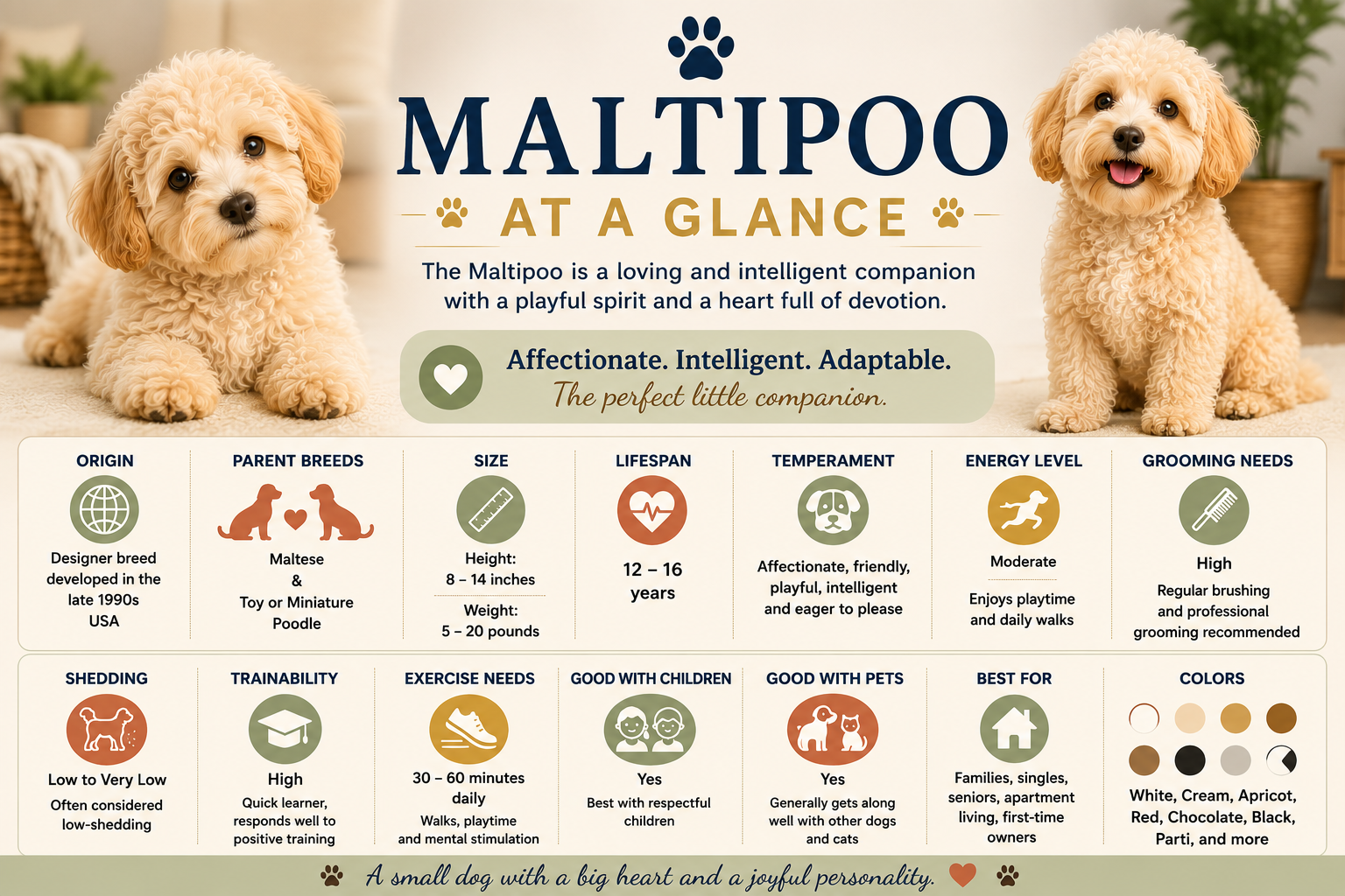 Maltipoo at a Glance infographic showing size, lifespan, temperament, grooming needs, exercise, trainability, shedding, colors, and family suitability.