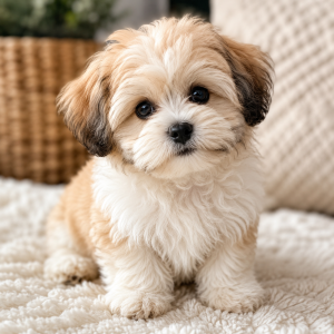 An absolutely adorable and fluffy teddy bear puppy looks at the camera with big brown eyes.