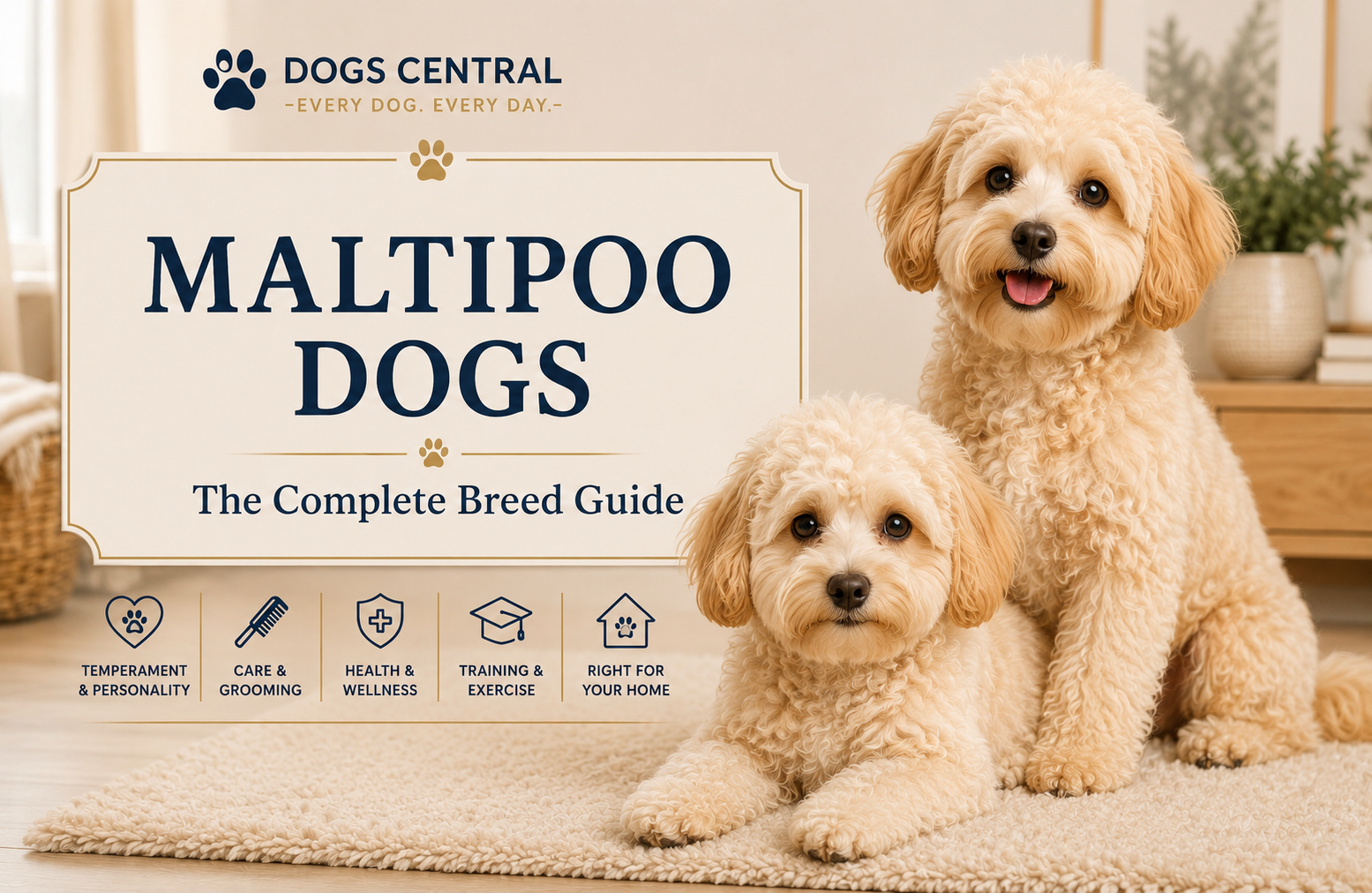Dogs Central Maltipoo Dog Breed Guide featuring two cream-colored Maltipoos and an overview of temperament, grooming, health, training, exercise, and suitability.