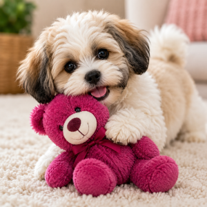Adorable Shichon (Teddy Bear Dog) puppy cuddling a magenta Teddy bear