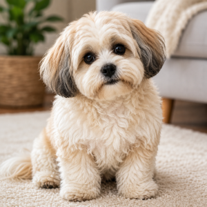 A Teddy Bear (Shichon) dog looks at the camera with big brown eyes.