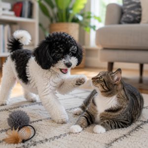 I can wait poodle playing with a cat