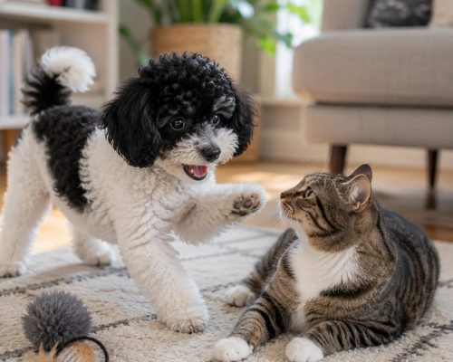 I can wait poodle playing with a cat