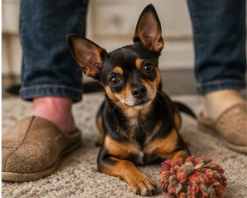 Chipin dog under owners' feet