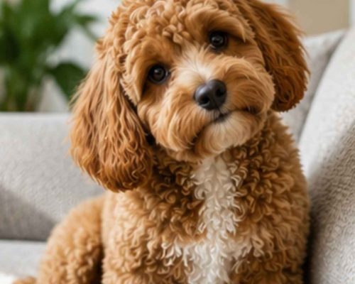 Cute cavapoo with his head cocked to the side