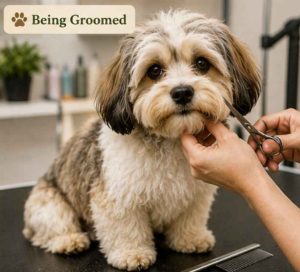Havashu dog being groomed