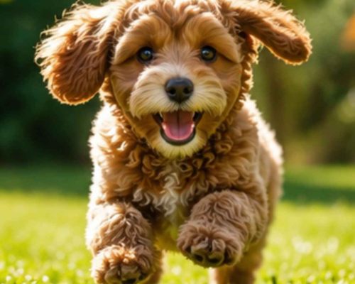 Cute cavapoo puppy romping in the yard