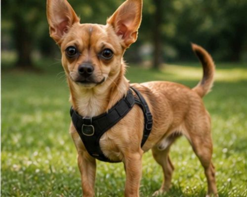 Chipin dog wearing a harness outdoors