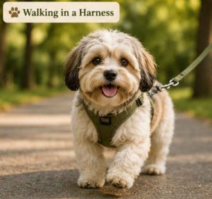 Havashu dog walking in a harness