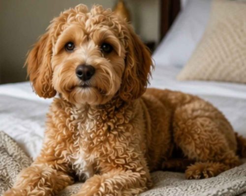 Cavapoo dog resting on a bed
