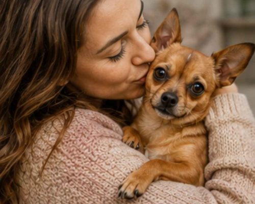 Chipin dog being kissed by owner