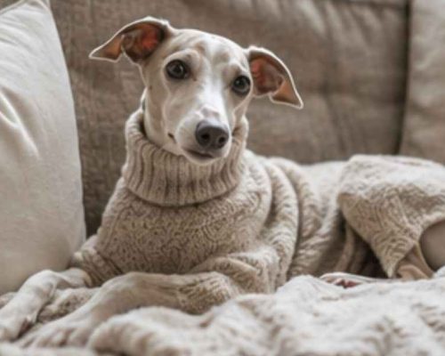 The italian grayhound, wearing a sweater and relaxing on a sofa
