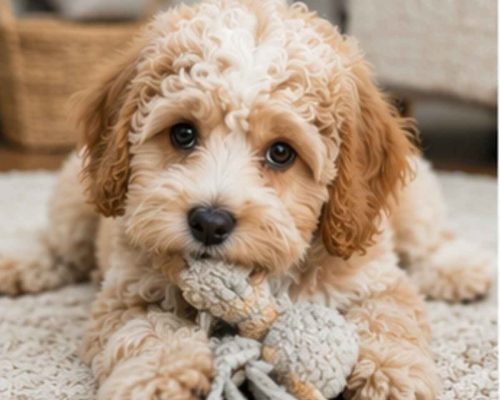 Cute cavapoo chewing on a toy