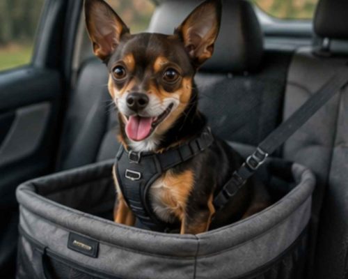 Chipin dog riding in a car seat
