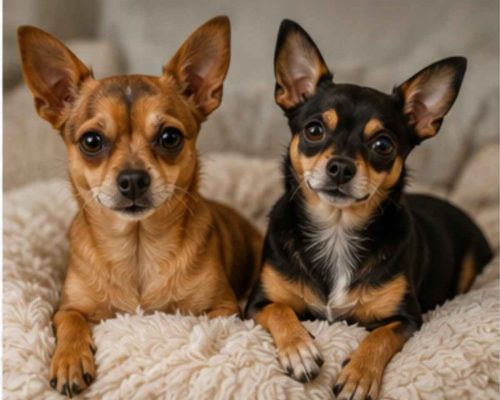 Two chipin dogs on a sofa