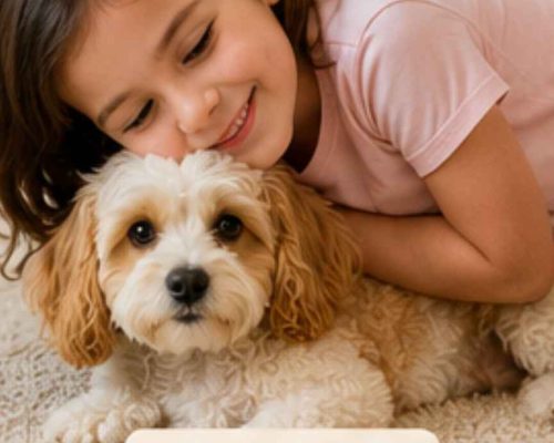 Cavachon being cuddled by child