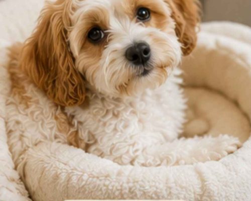 Cavachon cuddled up in a dog bed