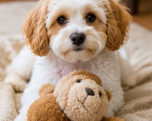 Cavachon playing with toy