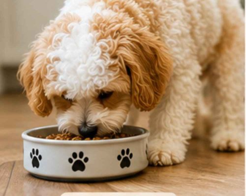 Cavachon eating kibble from dog dish