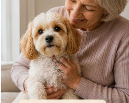 Cavachon being cuddled by a senior