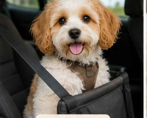 Cavachon wearing seatbelt