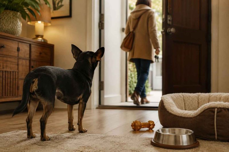 Chihuahua, mildly distressed by owner, leaving him home alone