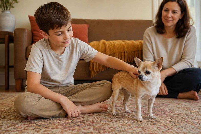 A little boy gingerly pets ah chihuahua