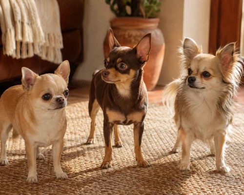 Three different chihuahuas, an applehead comma a long coat and a smooth coat. Deerhead