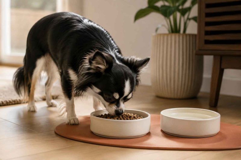 Black ends ten longcoat chihuahua, eating dinner out of his dog dish