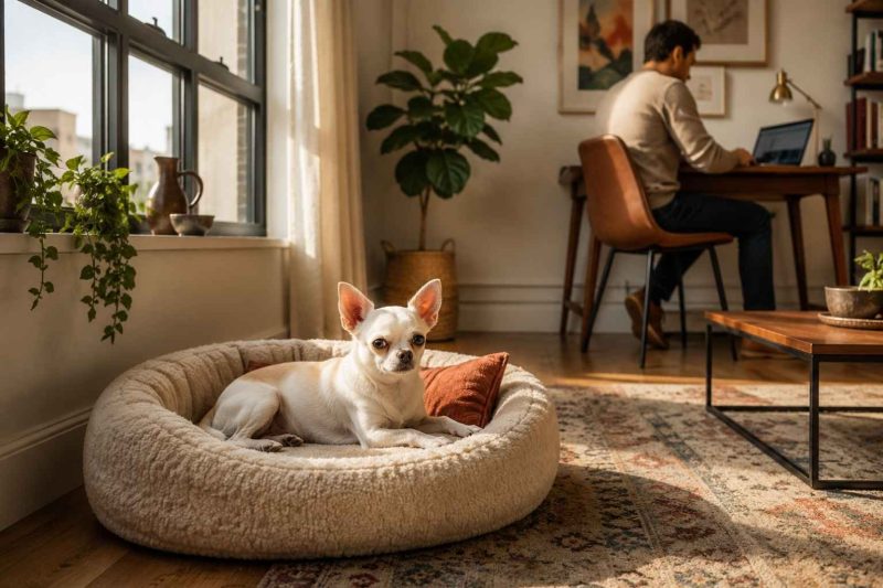Fawn chihuahua resting in dog bed in apartment setting