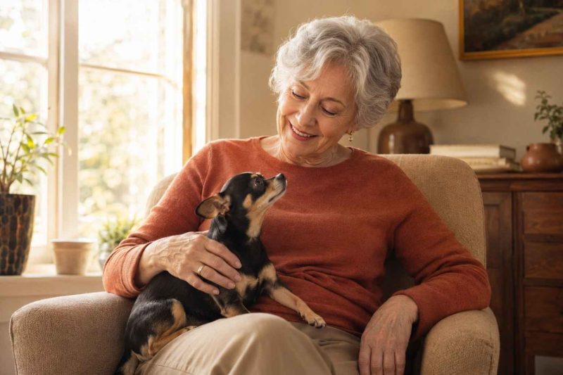 Senior owner snuggles with her chihuahua