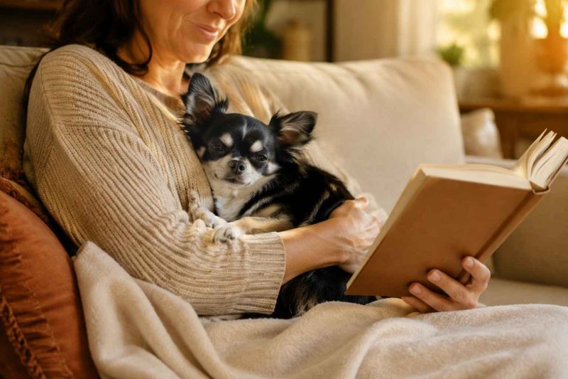 Longcoat black and white chihuahua, cozying up on owner's lap