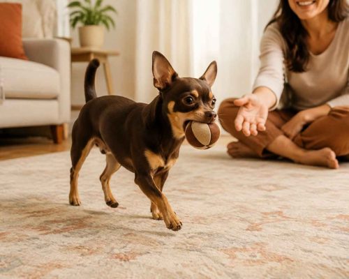 Smooth coat blackened, tan chihuahua playing fetch indoors