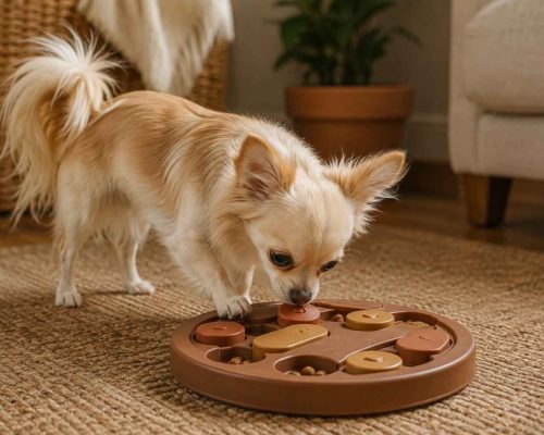 Fawn, longcoat chihuahua, learning to use a puzzle doy