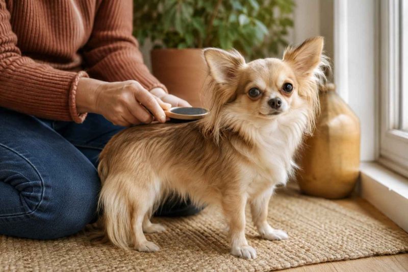 Fawn longcoat chihuahua being brushed by owner