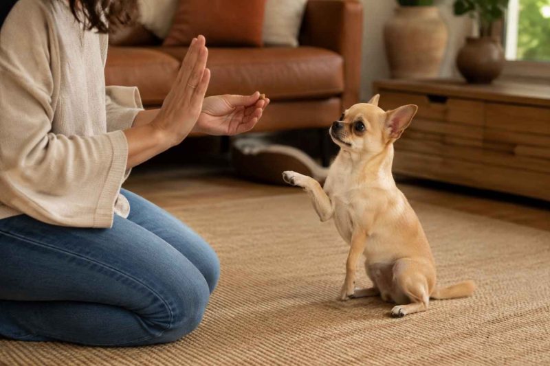 Fawn applehead chihuahua learning a trick