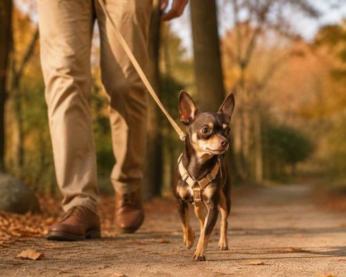 Blackens, ten chihuahua, goes for a walk outdoors with owner