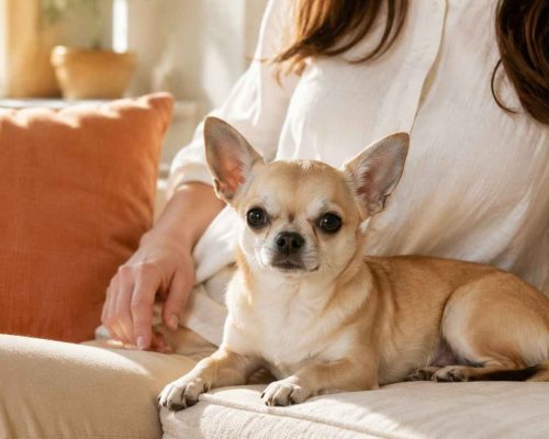 Fawn, applehead, chihuahua sits on a sofa beside her owner