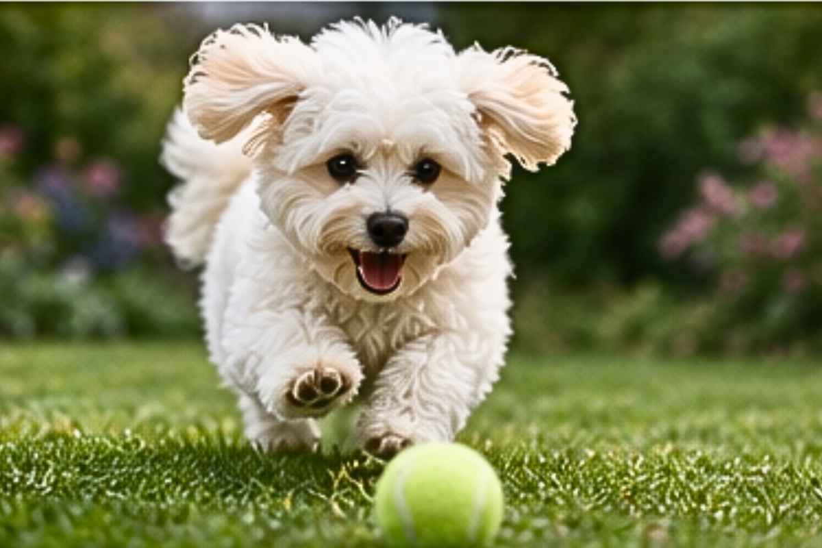 Adorable Maltichon chasing a ball