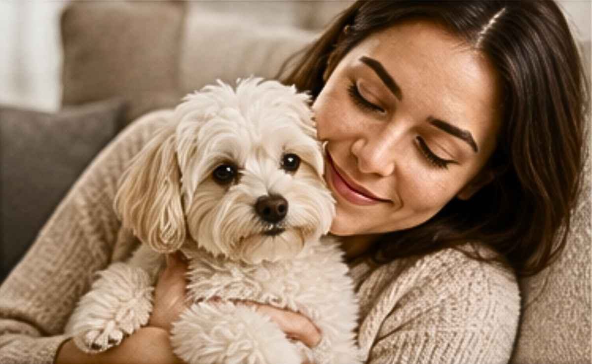 Maltichon and owner snuggling