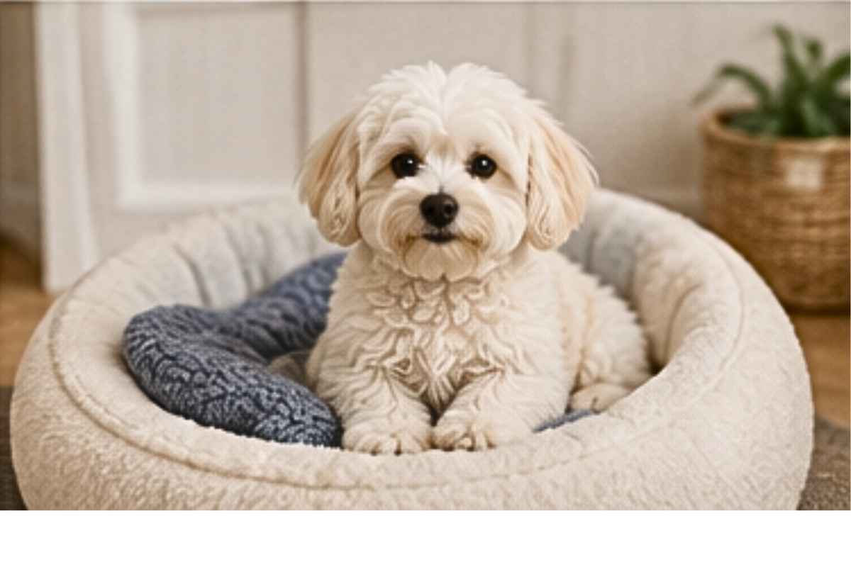 Maltichon in dog bed