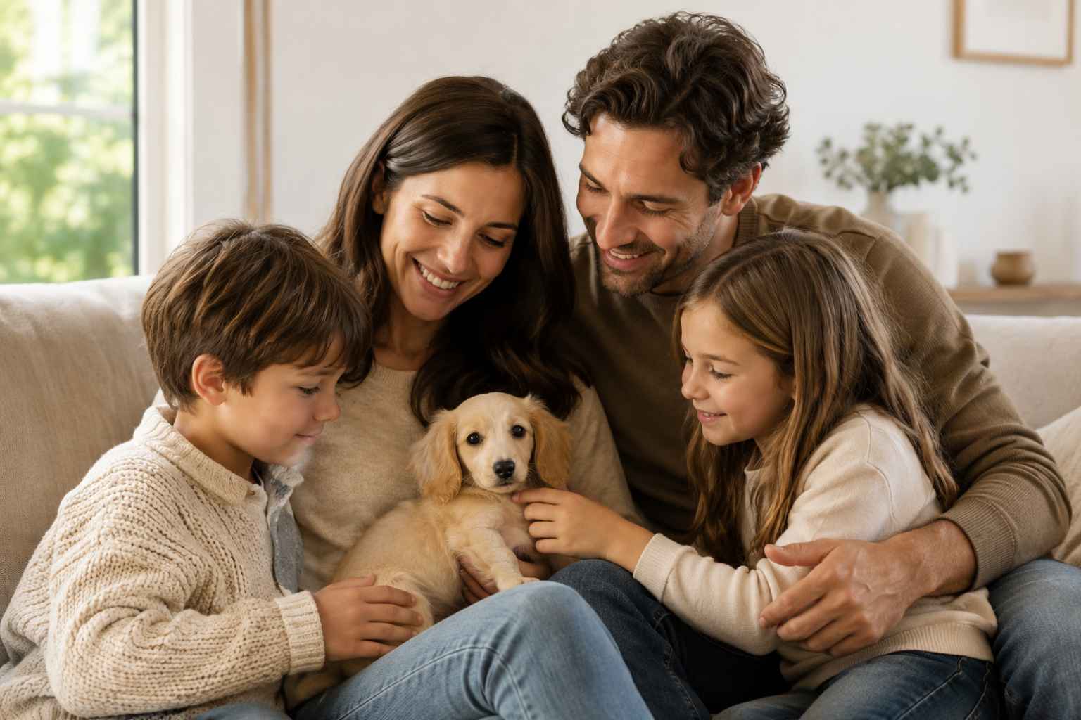 Miniature dachshund puppy and family